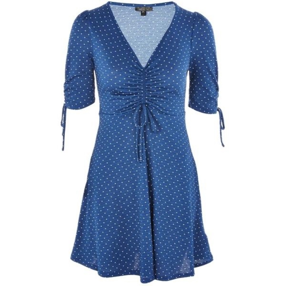 Topshop Polka Dot Ruched Dress, Blue/White, 6